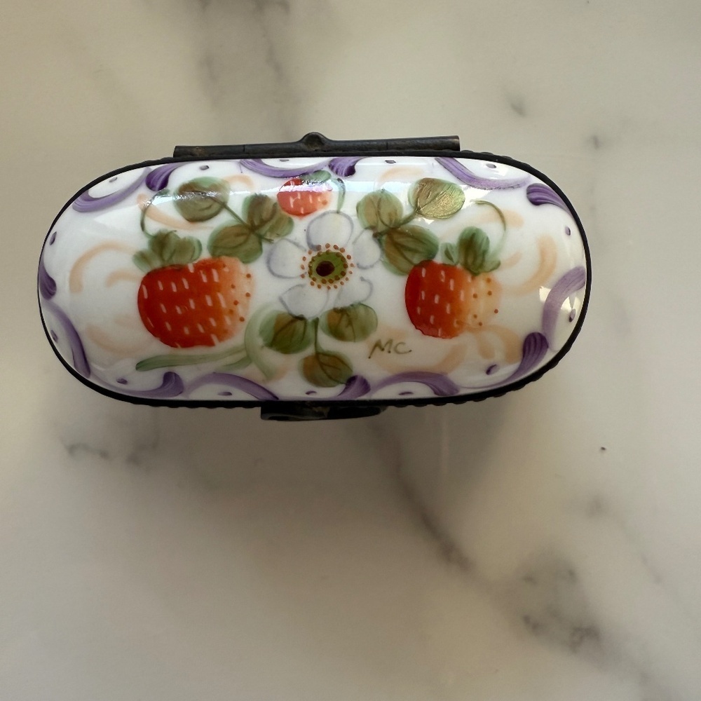 Limoges France Hand-Painted Trinket Box – Strawberry Floral, Signed MC